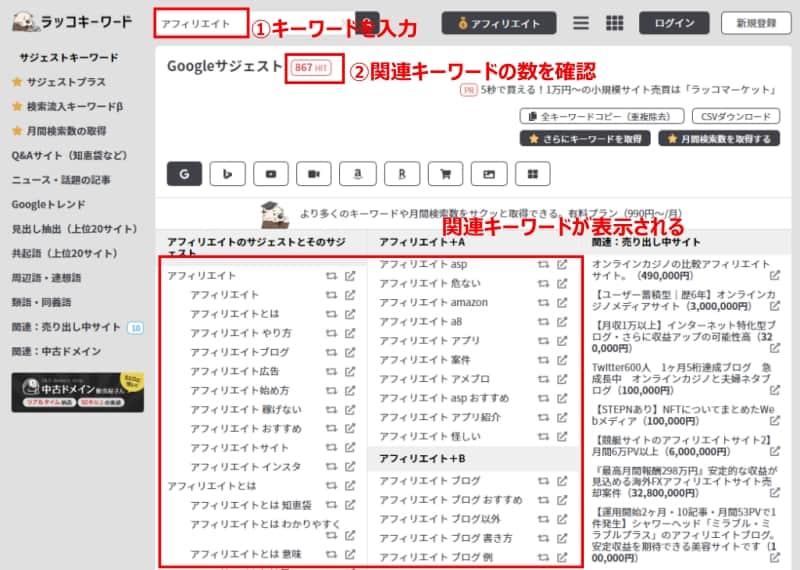 関連キーワードの確認方法